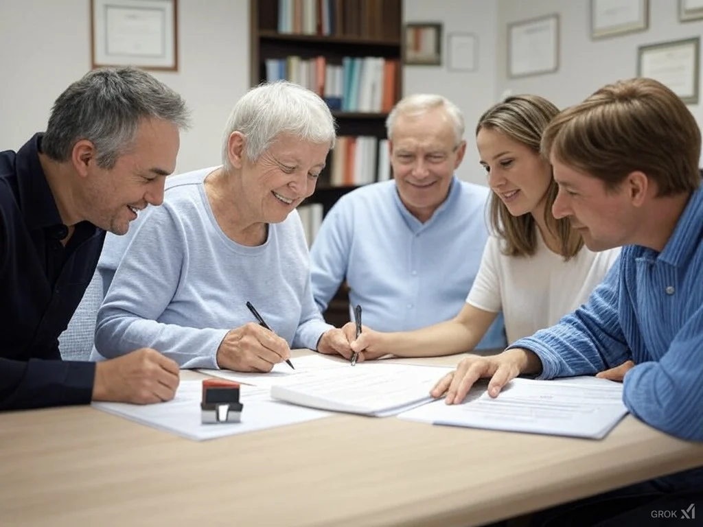 Family signing documents with a mobile notary